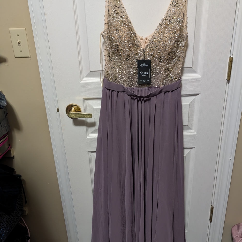 Elegant Beaded Evening Gown in Lavender and Beige